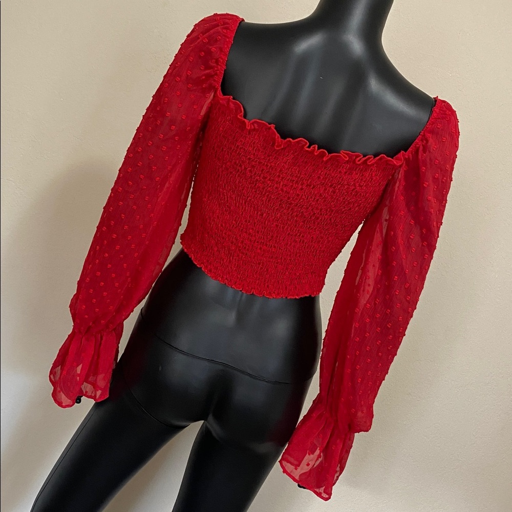 Romantic Red Ruched Sheer Sleeve Tie up Crop Top Blouse - Picture 9 of 12